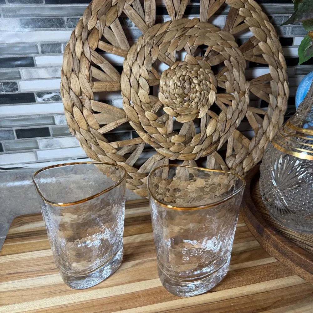 Vintage Hammered Gold Rim Triangular Whiskey Glasses Set of 2 Rocks Glass Clear